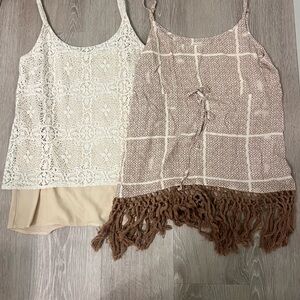 CAbi Lace and Fringe Women Tank Tops Set, Size Small, Brown & Cream
